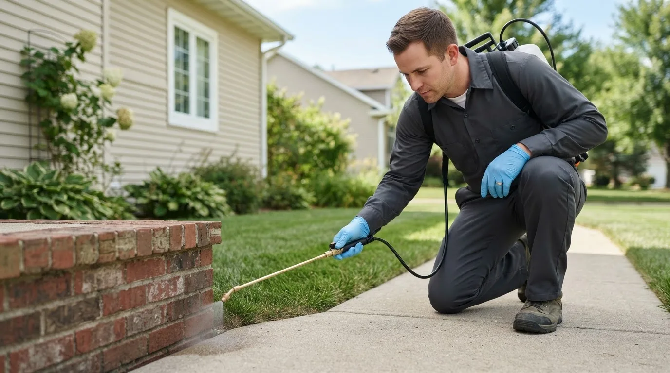 Pest control technician treating a home near Racine, WI